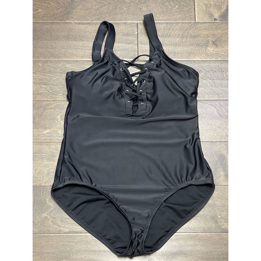 Nautica Women's 1X Slimming One Piece Swimsuit Black Tie-up Front Bathing Suit